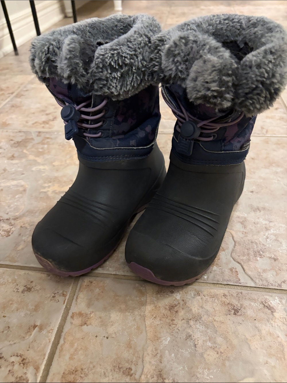 Kids Waterproof Winter Boots with Faux Fur Collar - Gray/Purple